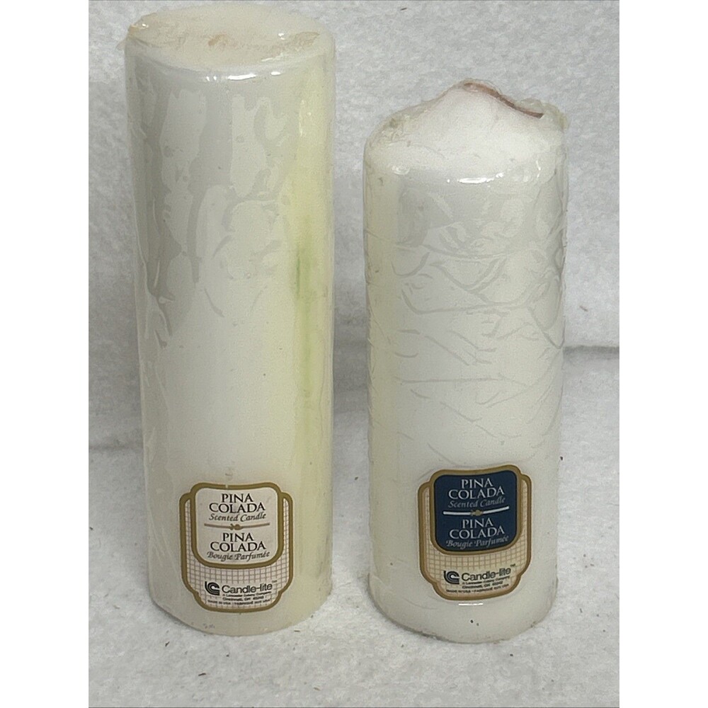 Vintage Candle-lite Pina Colada Scented Pillar Candles 8"+ 9" White Made in USA